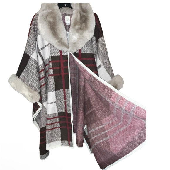 Plaid Faux Fur Trim Poncho / Sweater Cape - Picture 2 of 9